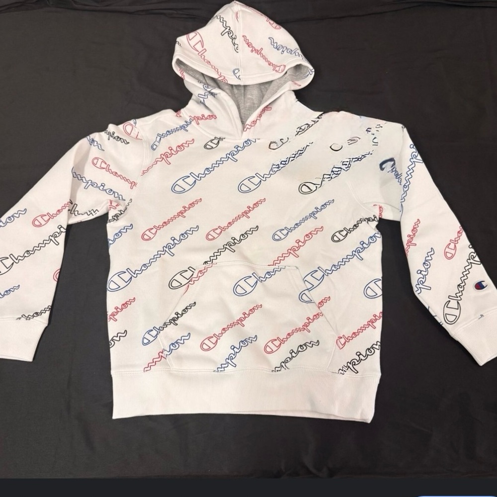 Champion White Hoodie with Red and Blue Accents